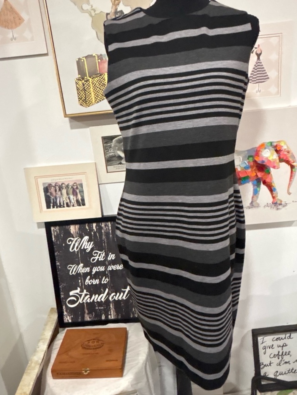 Calvin Klein Black & Gray Striped Sleeveless Asymmetrical Dress #homecoming